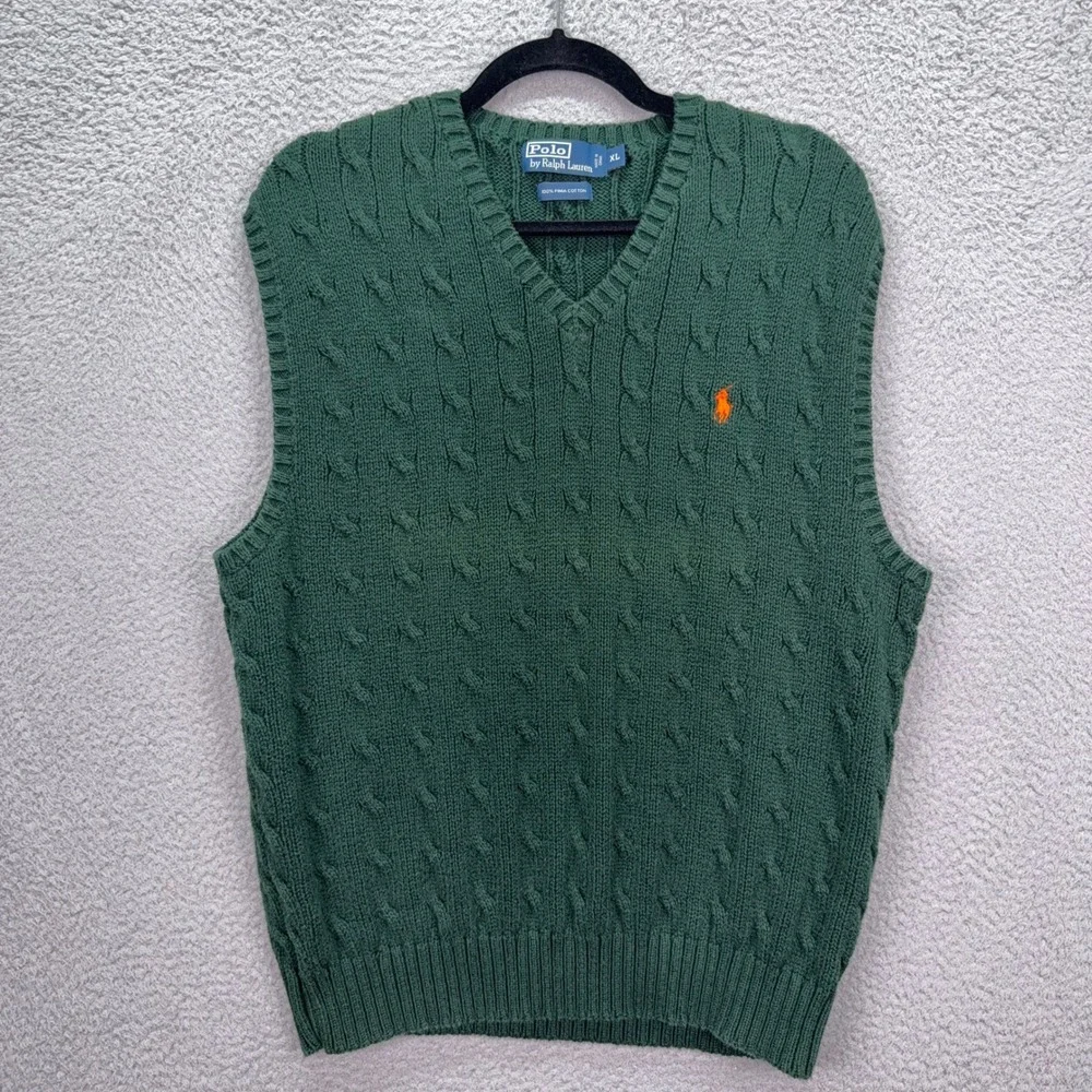 VTG Polo Ralph Lauren Sweater Vest Mens XL Green Pima Cotton Cable Knit V-Neck